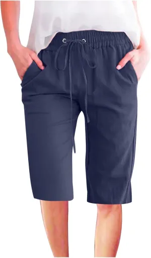 Womens Cargo Shorts Elastic Drawstring Waist Wide Leg Casual Summer Knee Pants with Pockets Walking Lounge Long Short