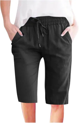 Womens Cargo Shorts Elastic Drawstring Waist Wide Leg Casual Summer Knee Pants with Pockets Walking Lounge Long Short