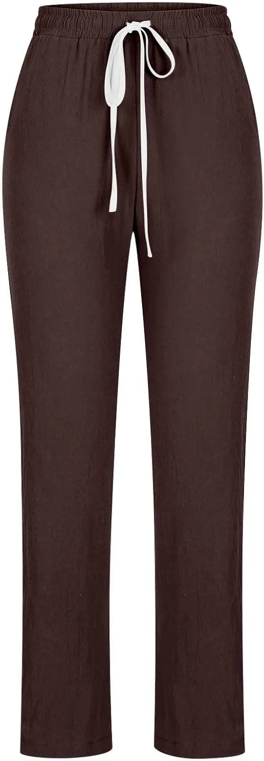 Womens Casual Cotton Linen Pants Lightweight Summer Relaxed Elastic Waist Loose Solid Drawstring Lounge Long Trousers