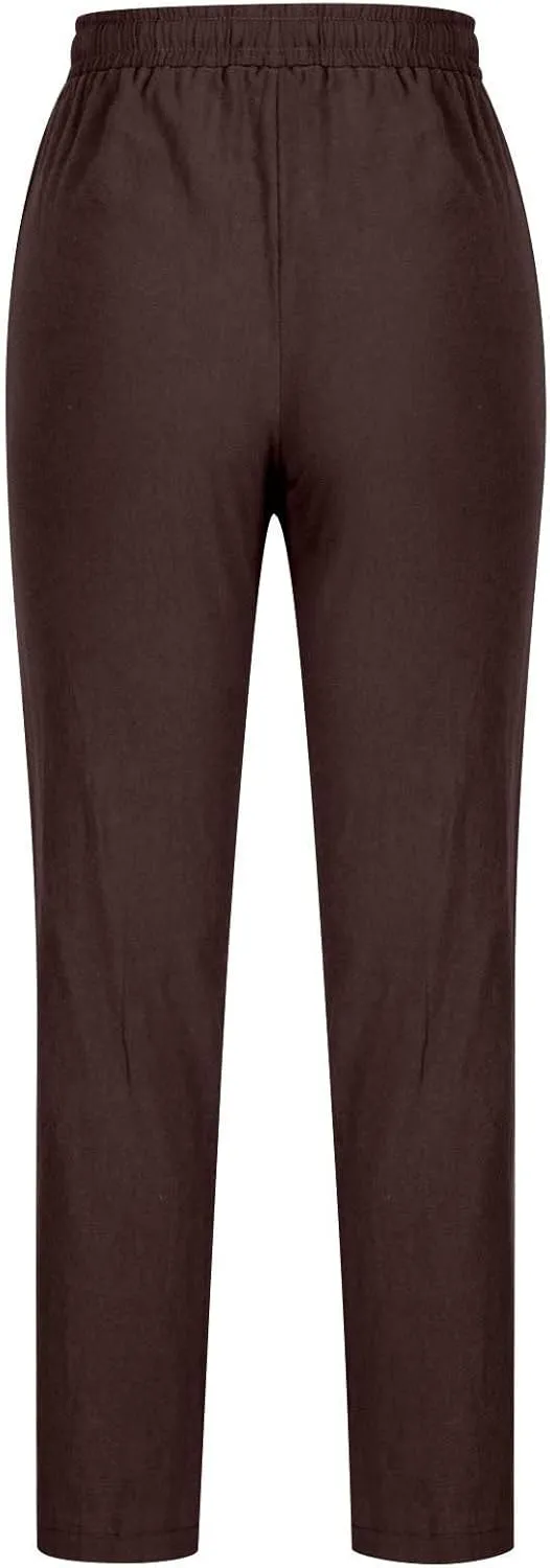 Womens Casual Cotton Linen Pants Lightweight Summer Relaxed Elastic Waist Loose Solid Drawstring Lounge Long Trousers