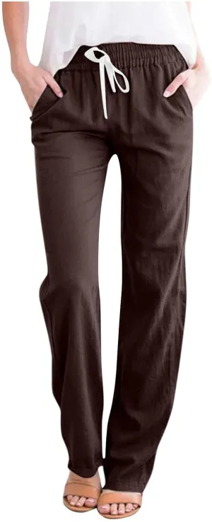 Womens Casual Cotton Linen Pants Lightweight Summer Relaxed Elastic Waist Loose Solid Drawstring Lounge Long Trousers
