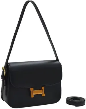 Women's Classic Shoulder Bag, Small Square Purse with Gold Hardware, Black Faux Leather, Korean Style
