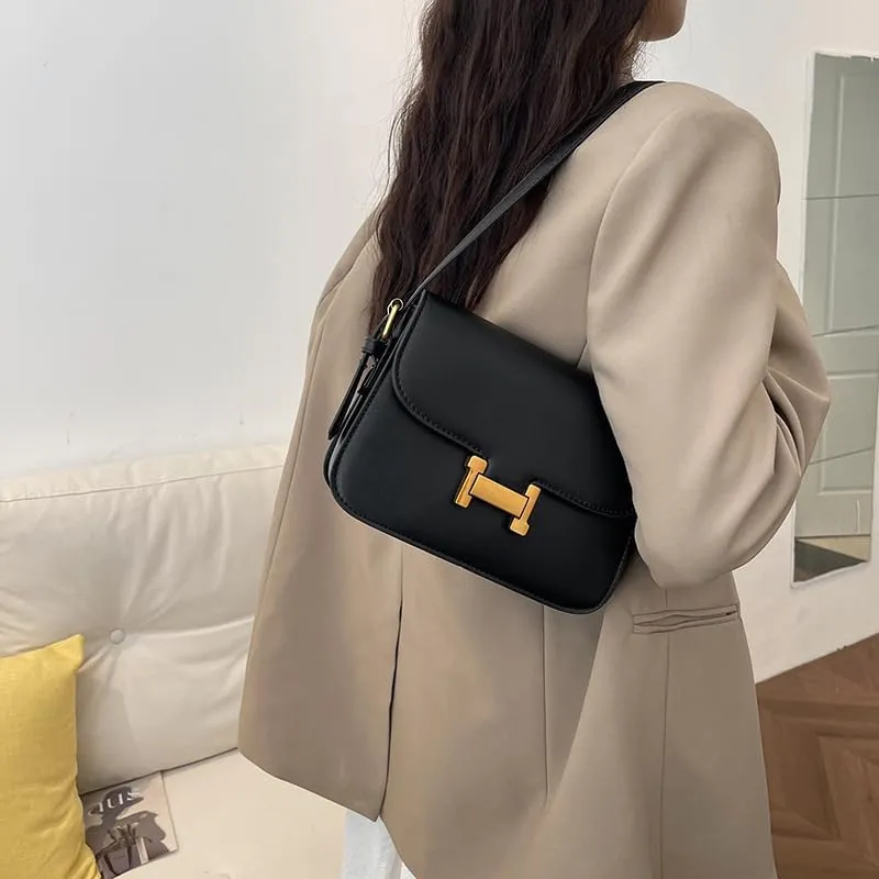 Women's Classic Shoulder Bag, Small Square Purse with Gold Hardware, Black Faux Leather, Korean Style