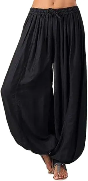Women's Cotton Linen Baggy Harem Pants Casual Solid Drawstring Elastic Waisted Boho Yoga Hippie Gypsy Aladdin Lounge Trousers