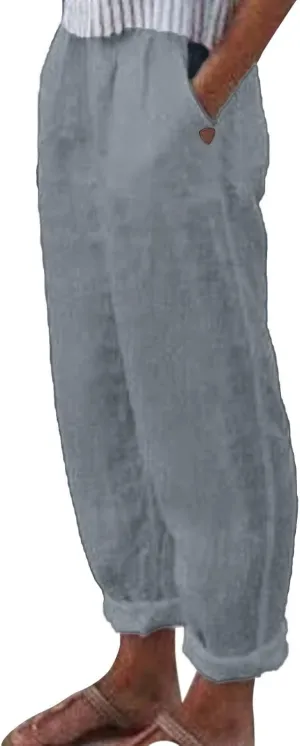 Women's Cotton Linen Pants Summer Casual Baggy Wide Leg Elastic High Waist Beach Slacks Stripe Printed Capri Trousers