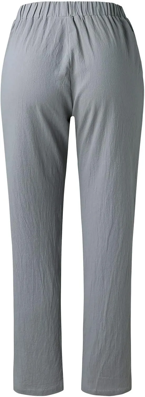 Women's Cotton Linen Pants Summer Casual Baggy Wide Leg Elastic High Waist Beach Slacks Stripe Printed Capri Trousers