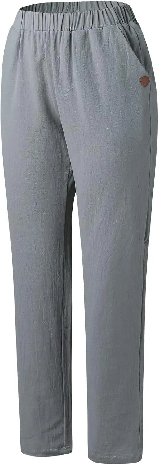 Women's Cotton Linen Pants Summer Casual Baggy Wide Leg Elastic High Waist Beach Slacks Stripe Printed Capri Trousers