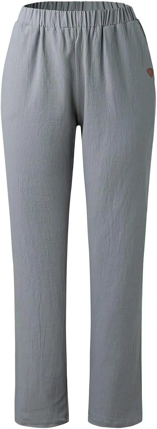 Women's Cotton Linen Pants Summer Casual Baggy Wide Leg Elastic High Waist Beach Slacks Stripe Printed Capri Trousers