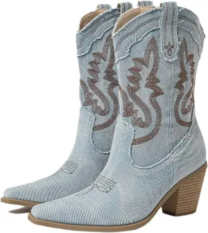 Women'S Denim Pointed Toe Block Heel Western Ankle Boots Classic Pull-On Tabs Embroidered Slip-On Mid Block Heel Mid Calf Denim Boots
