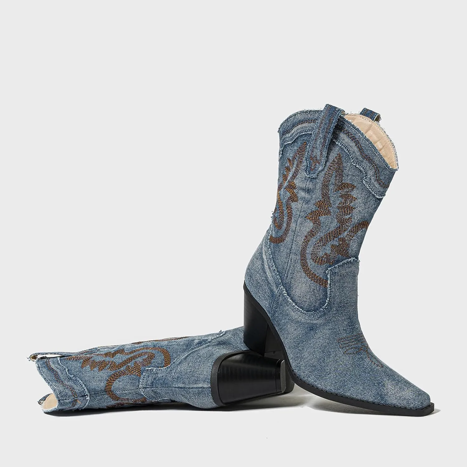 Women'S Denim Pointed Toe Block Heel Western Ankle Boots Classic Pull-On Tabs Embroidered Slip-On Mid Block Heel Mid Calf Denim Boots