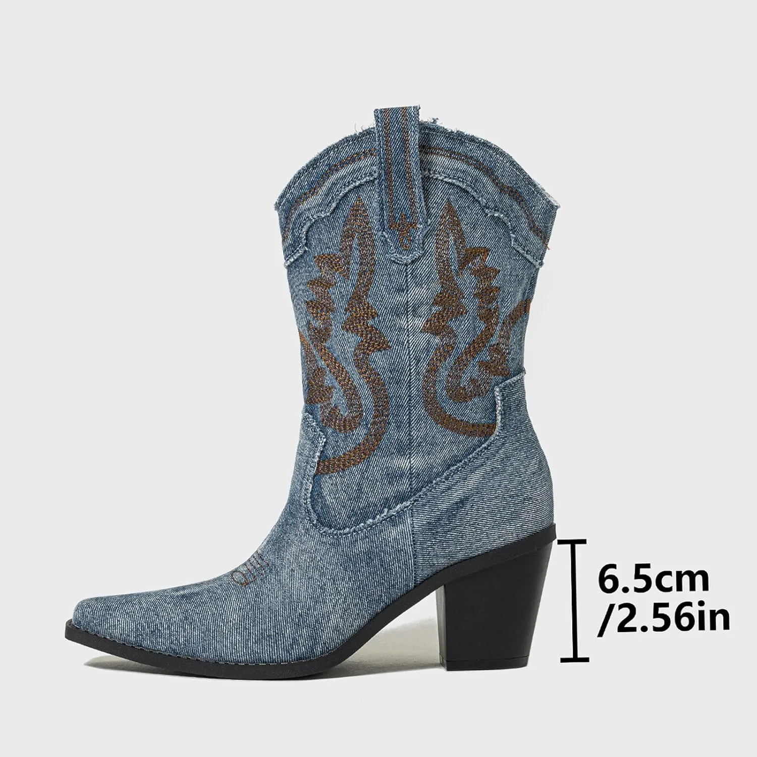 Women'S Denim Pointed Toe Block Heel Western Ankle Boots Classic Pull-On Tabs Embroidered Slip-On Mid Block Heel Mid Calf Denim Boots