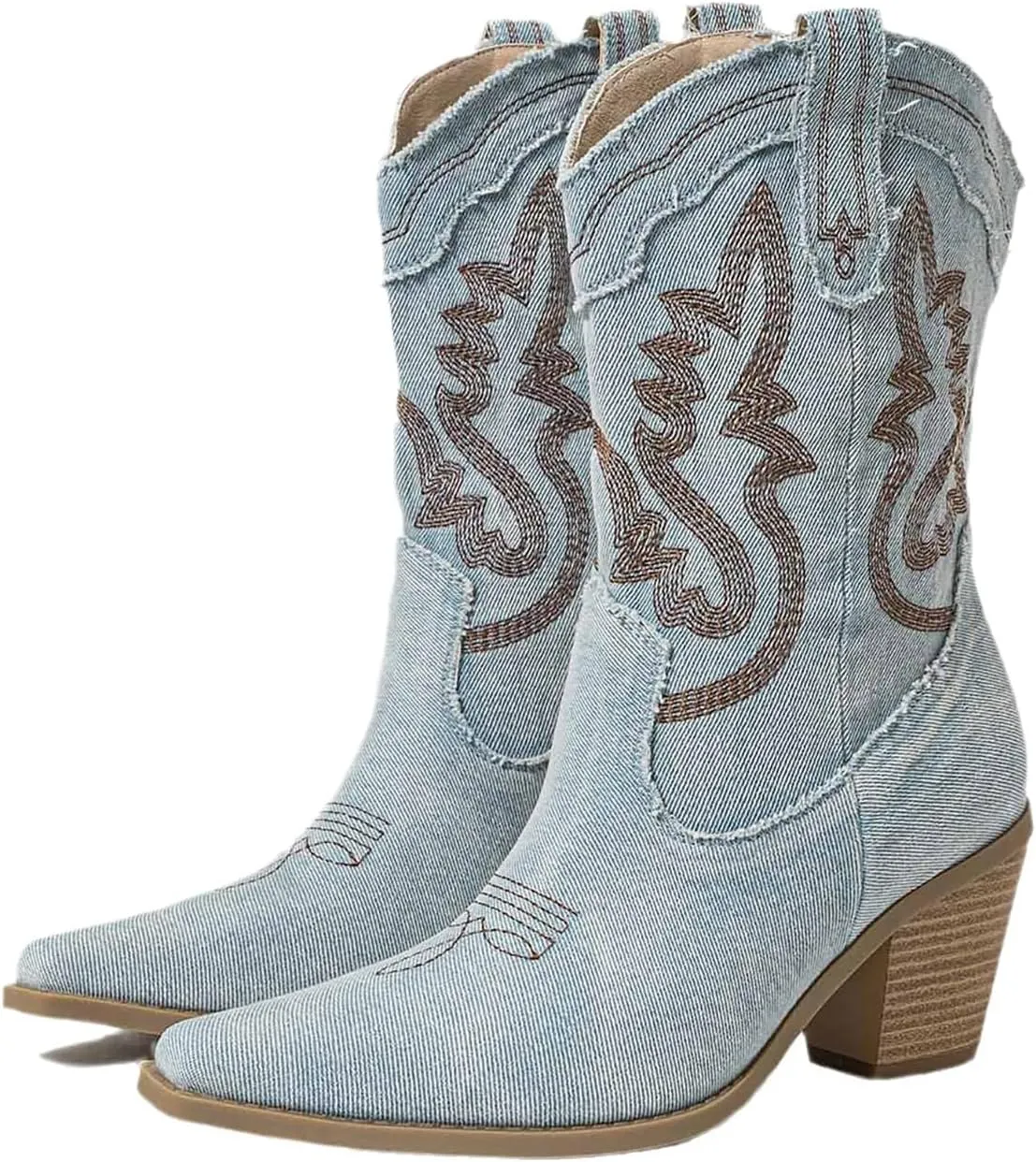 Women'S Denim Pointed Toe Block Heel Western Ankle Boots Classic Pull-On Tabs Embroidered Slip-On Mid Block Heel Mid Calf Denim Boots