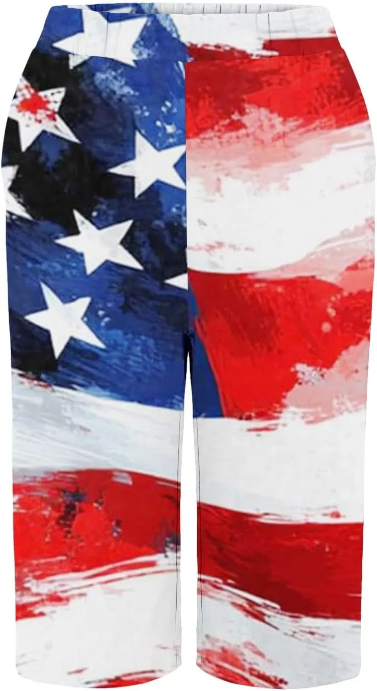 Womens High Waist Bermuda Shorts 4th of July Loose Capri Pants with Pocket, American Flag Print Wide Leg Summer Shorts