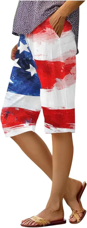 Womens High Waist Bermuda Shorts 4th of July Loose Capri Pants with Pocket, American Flag Print Wide Leg Summer Shorts