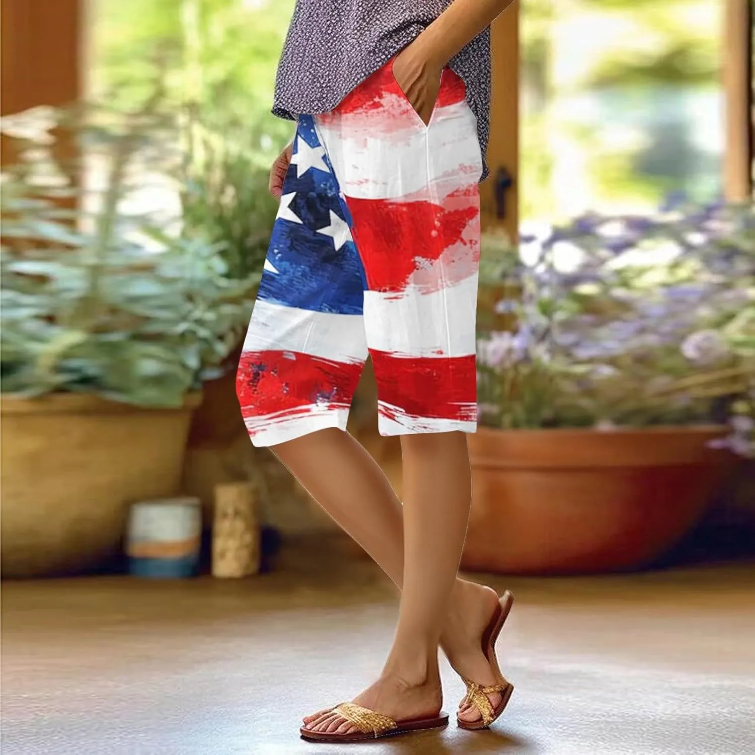 Womens High Waist Bermuda Shorts 4th of July Loose Capri Pants with Pocket, American Flag Print Wide Leg Summer Shorts