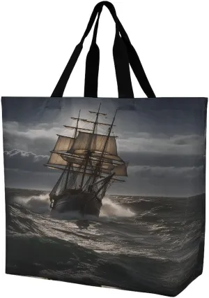 Women's Large-capacity Shoulder Shopping Bag Reusable Foldable Shopping Bags Sailing Ship in Storm Beach Bag