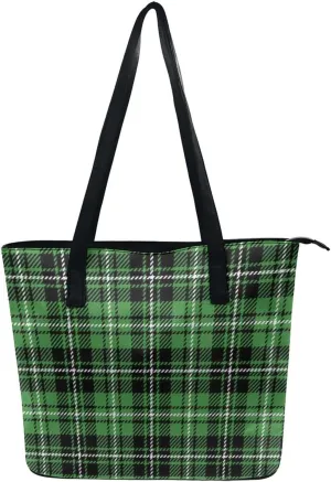 Women's Large Capacity Work Tote Bags Leather Big Purses And Handbags Ladies Waterproof Big Shoulder Commuter Bag Compatible with St Patricks Day Green Plaid Tartan