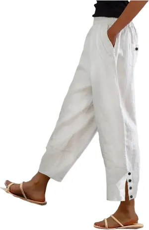 Womens Linen Cropped Pants Plus Size Elastic High Rise Paperbag Pants Floral Capris Summer Loose Slacks Yoga Pants