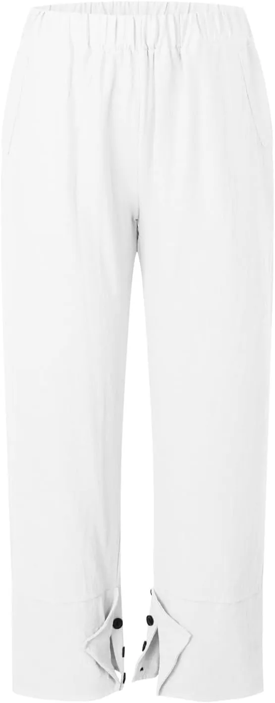 Womens Linen Cropped Pants Plus Size Elastic High Rise Paperbag Pants Floral Capris Summer Loose Slacks Yoga Pants