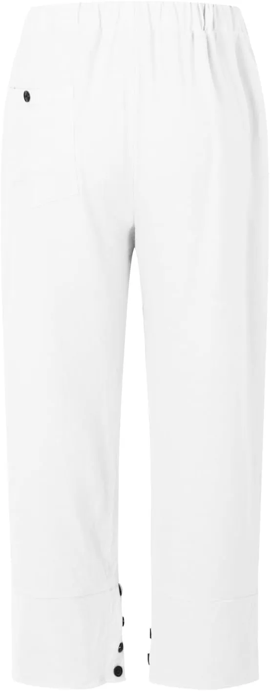Womens Linen Cropped Pants Plus Size Elastic High Rise Paperbag Pants Floral Capris Summer Loose Slacks Yoga Pants