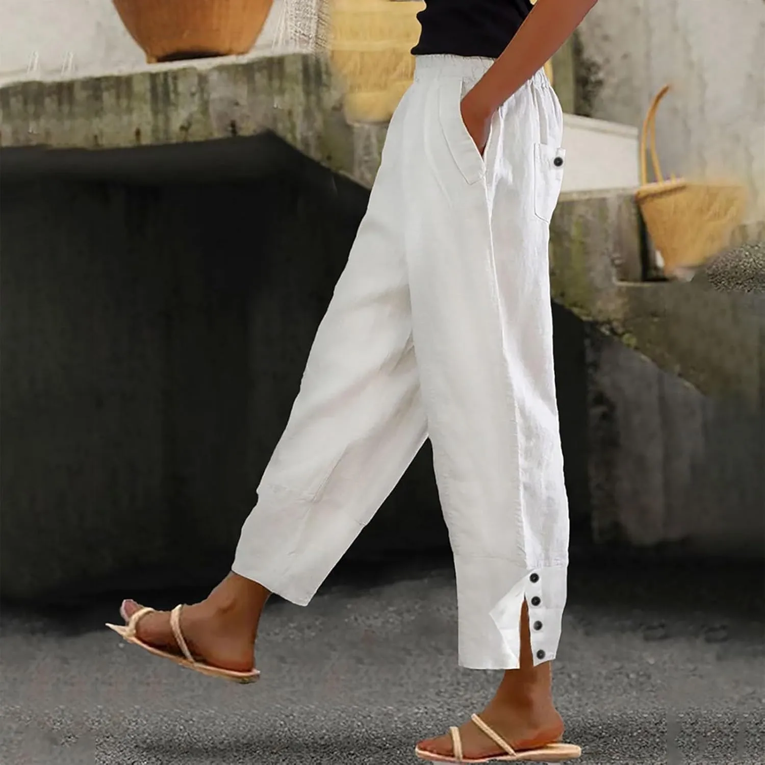 Womens Linen Cropped Pants Plus Size Elastic High Rise Paperbag Pants Floral Capris Summer Loose Slacks Yoga Pants
