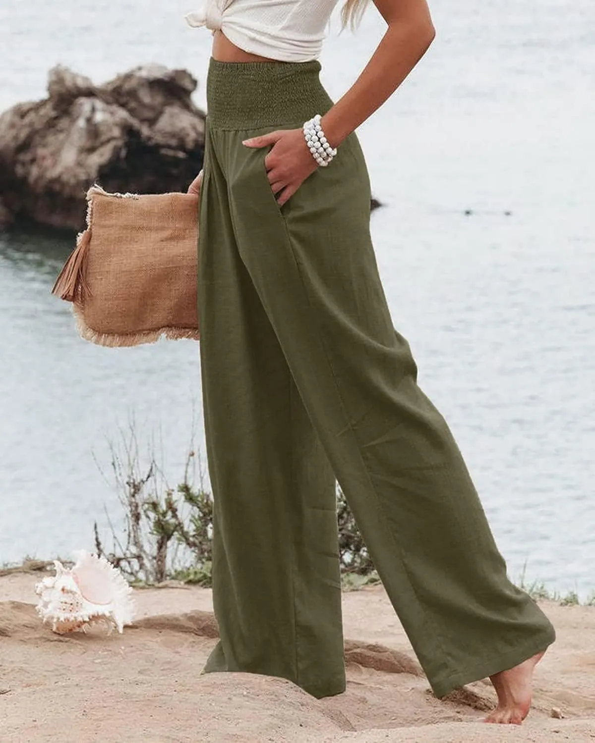 Womens Linen Palazzo Pants Lightweight High Waisted Wide Leg Pant Lounge Flowy Summer Boho Vacation Beach Pant Trousers