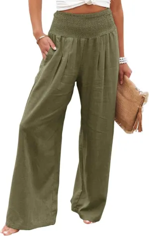 Womens Linen Palazzo Pants Lightweight High Waisted Wide Leg Pant Lounge Flowy Summer Boho Vacation Beach Pant Trousers