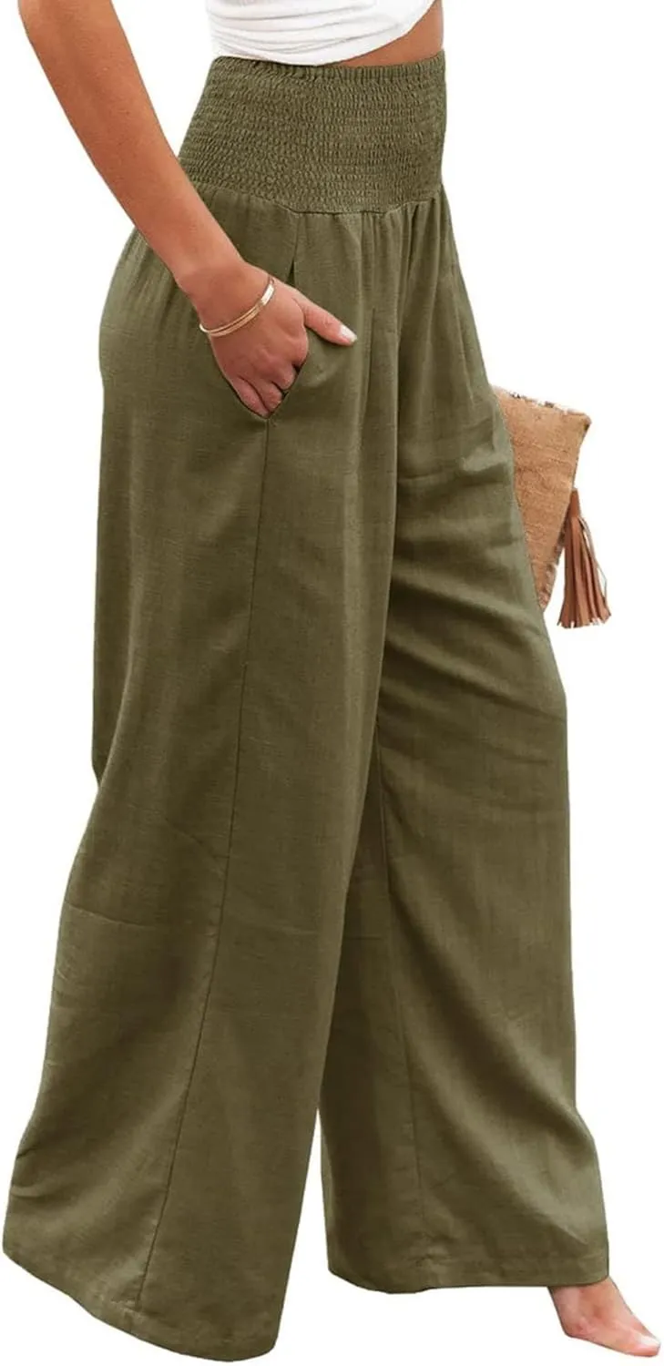 Womens Linen Palazzo Pants Lightweight High Waisted Wide Leg Pant Lounge Flowy Summer Boho Vacation Beach Pant Trousers