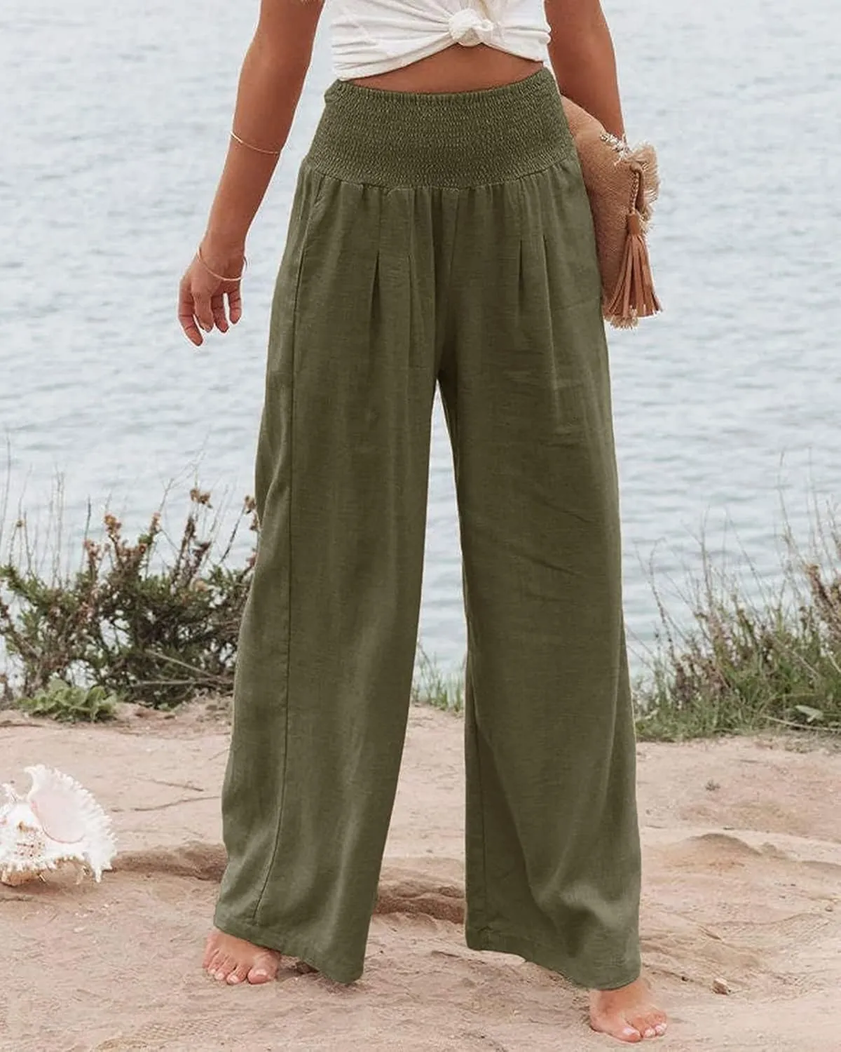 Womens Linen Palazzo Pants Lightweight High Waisted Wide Leg Pant Lounge Flowy Summer Boho Vacation Beach Pant Trousers