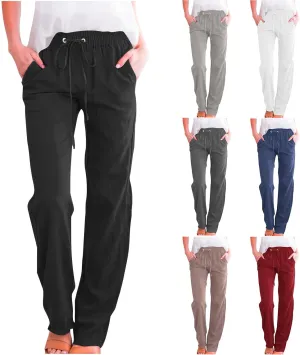 Women's Linen Pants 2025 Causal Summer Loose Drawstring High Waisted Long Pants Trousers with Pockets Plus Size