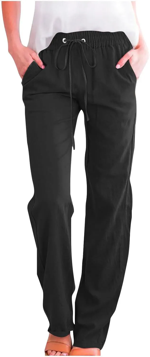 Women's Linen Pants 2025 Causal Summer Loose Drawstring High Waisted Long Pants Trousers with Pockets Plus Size
