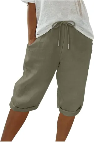 Women's Linen Shorts Summer Fashion Drawstring Elastic Casual Shorts Solid Beach Vacation Clothes