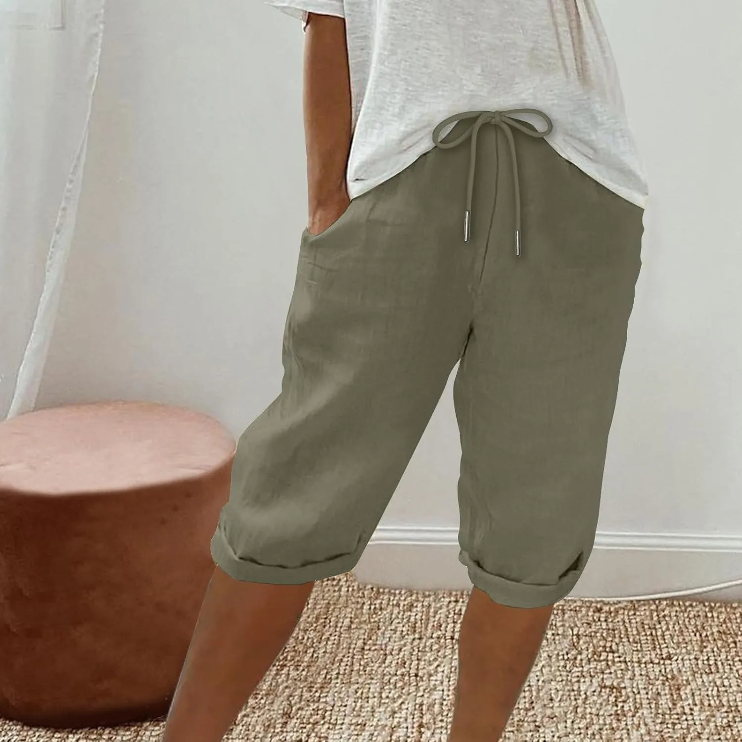 Women's Linen Shorts Summer Fashion Drawstring Elastic Casual Shorts Solid Beach Vacation Clothes