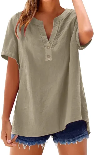 Women's Linen V Neck Shirt Trendy Short Sleeve Button Summer T-Shirts Loose Vacation Beach Solid Blouses Tunic Tops