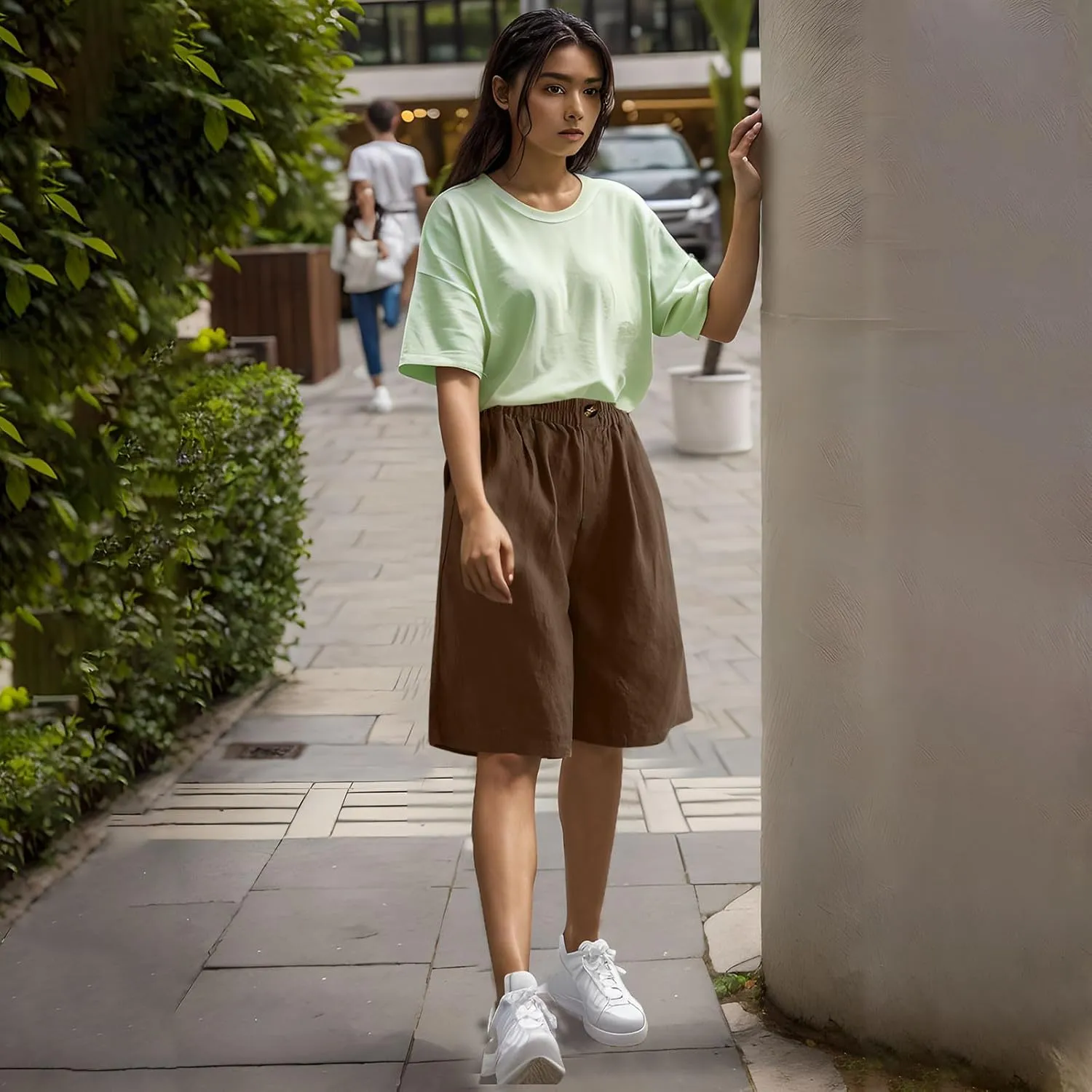 Womens Loose Wide Leg Bermuda Shorts Summer Comfy Elastic Waist Breathable Cotton Linen Knee Length Short Pants