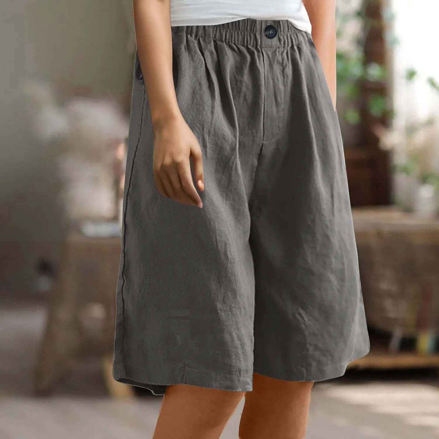 Womens Loose Wide Leg Bermuda Shorts Summer Comfy Elastic Waist Breathable Cotton Linen Knee Length Short Pants