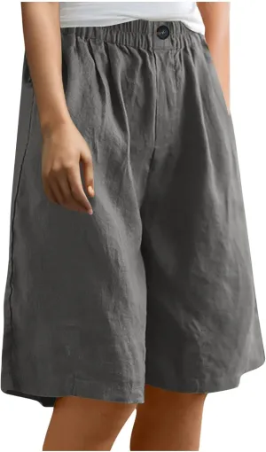 Womens Loose Wide Leg Bermuda Shorts Summer Comfy Elastic Waist Breathable Cotton Linen Knee Length Short Pants