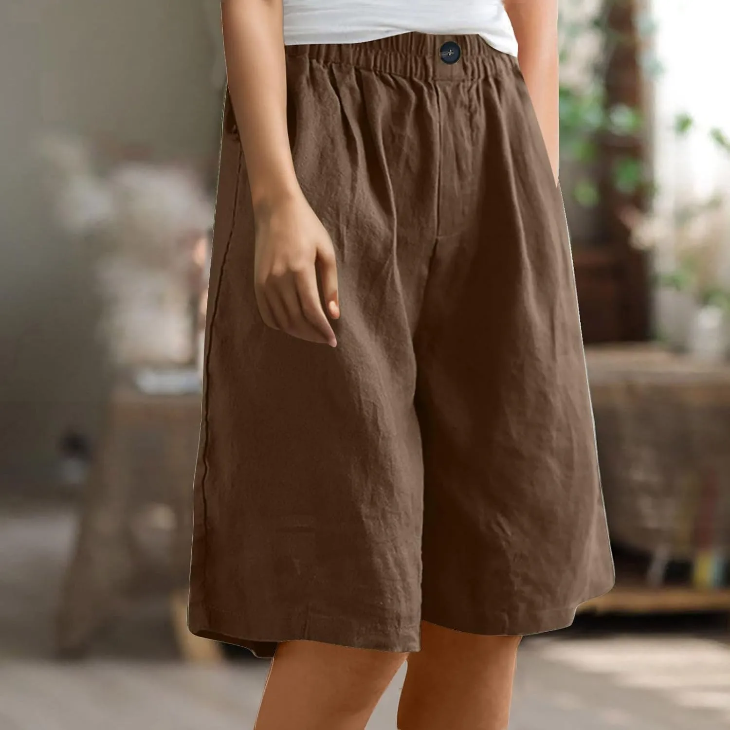Womens Loose Wide Leg Bermuda Shorts Summer Comfy Elastic Waist Breathable Cotton Linen Knee Length Short Pants