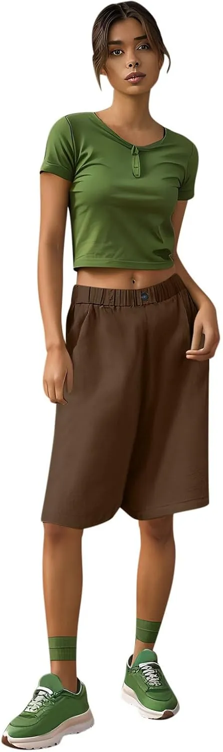 Womens Loose Wide Leg Bermuda Shorts Summer Comfy Elastic Waist Breathable Cotton Linen Knee Length Short Pants