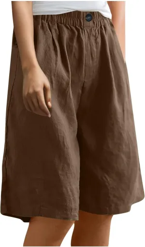 Womens Loose Wide Leg Bermuda Shorts Summer Comfy Elastic Waist Breathable Cotton Linen Knee Length Short Pants