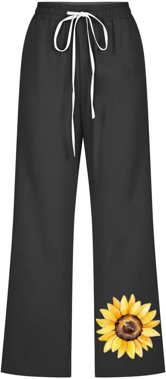 Womens Pants Drawstring Casual Lightweight Straight Leg Pants Loose Comfy Heart-Shaped Print Trousers with Pockets