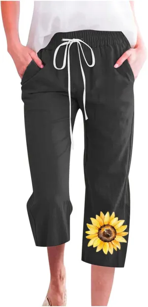 Womens Pants Drawstring Casual Lightweight Straight Leg Pants Loose Comfy Heart-Shaped Print Trousers with Pockets