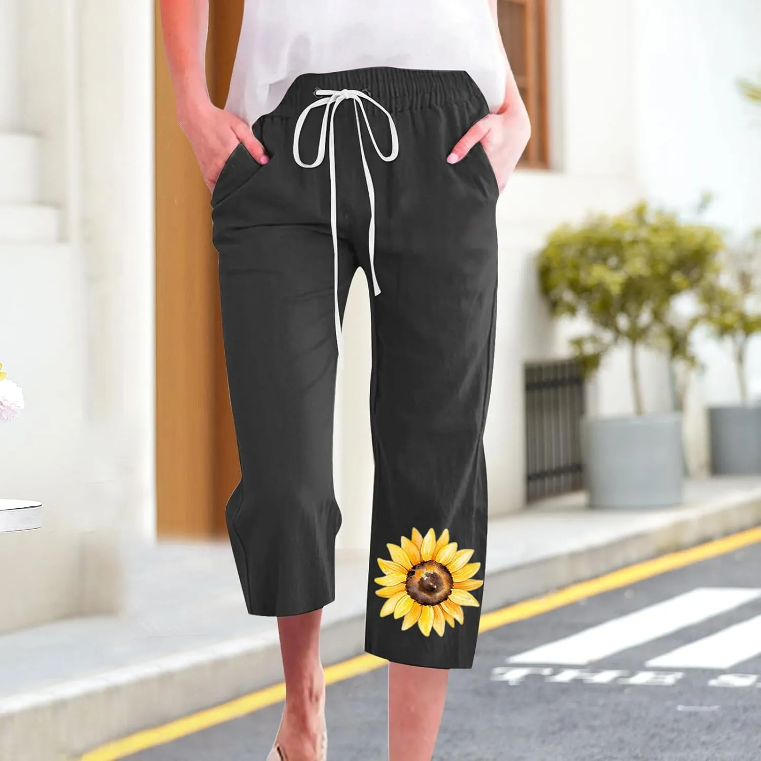 Womens Pants Drawstring Casual Lightweight Straight Leg Pants Loose Comfy Heart-Shaped Print Trousers with Pockets