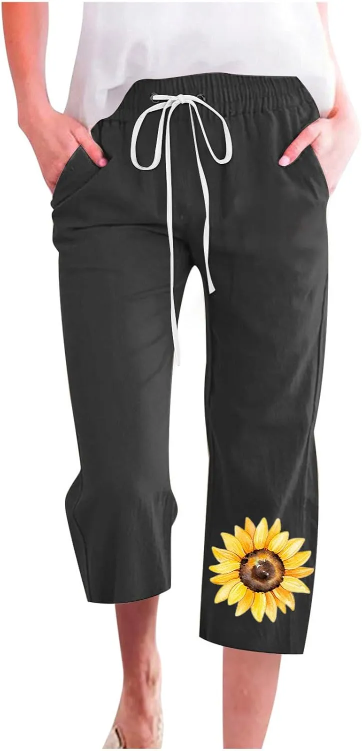 Womens Pants Drawstring Casual Lightweight Straight Leg Pants Loose Comfy Heart-Shaped Print Trousers with Pockets