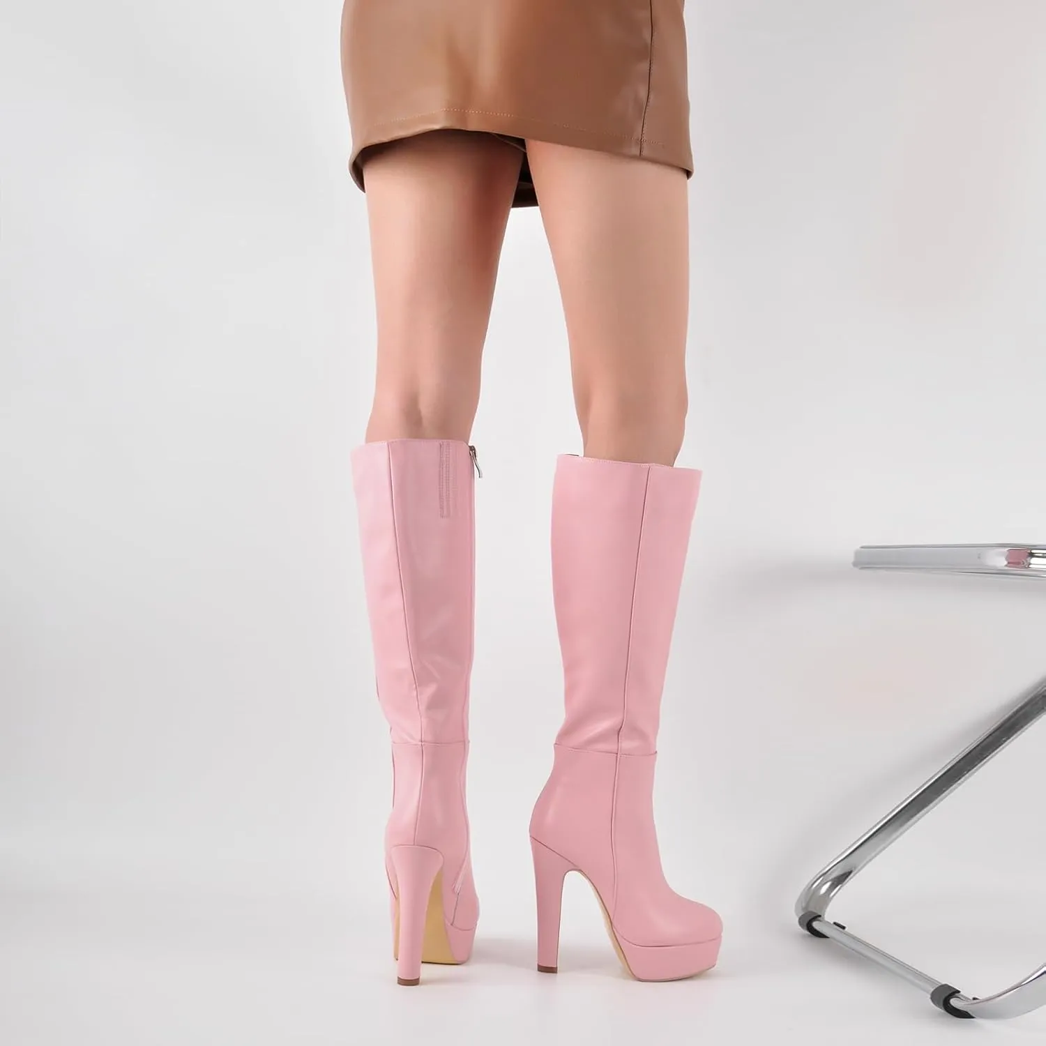 Women's Platform Knee High Boots Solid Color Side Zipper Block High Heels