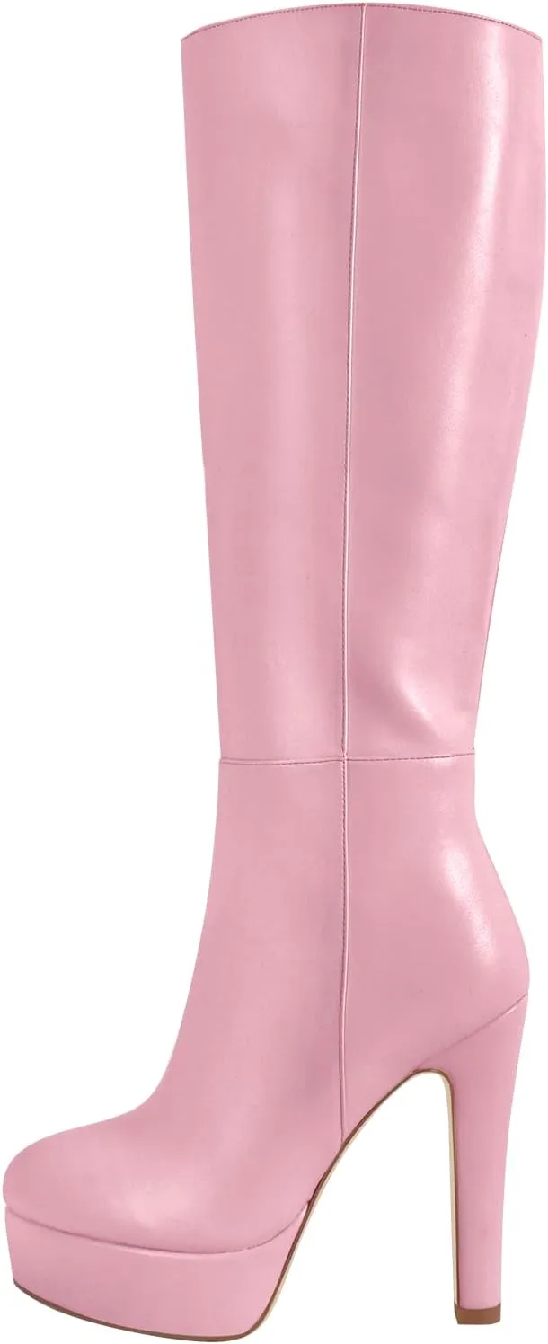Women's Platform Knee High Boots Solid Color Side Zipper Block High Heels