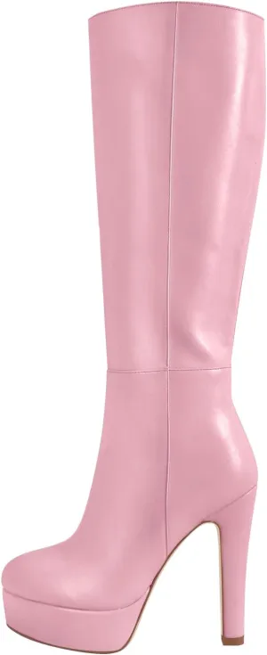 Women's Platform Knee High Boots Solid Color Side Zipper Block High Heels