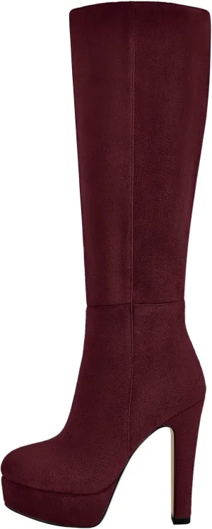 Women's Platform Knee High Boots Solid Color Side Zipper Block High Heels