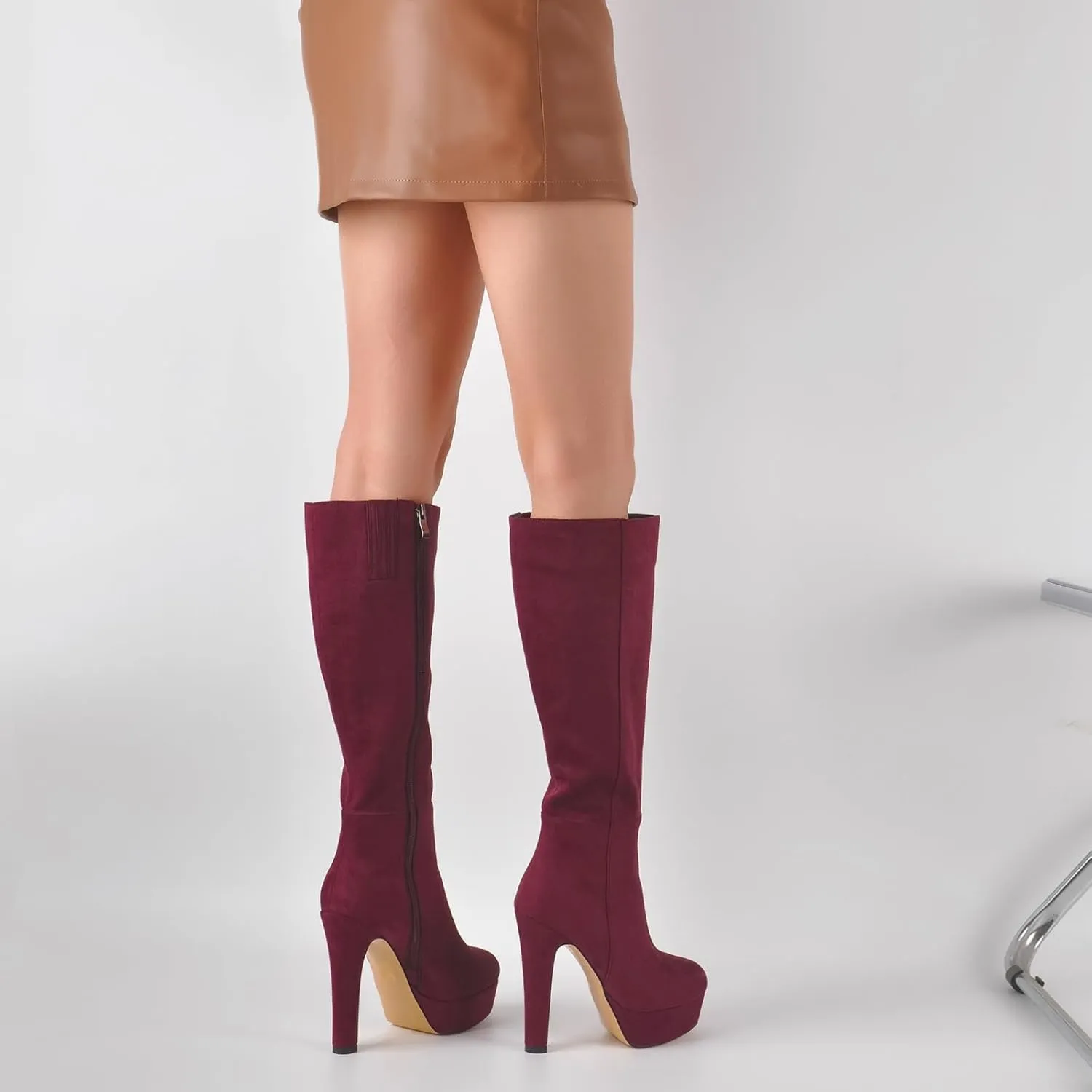 Women's Platform Knee High Boots Solid Color Side Zipper Block High Heels