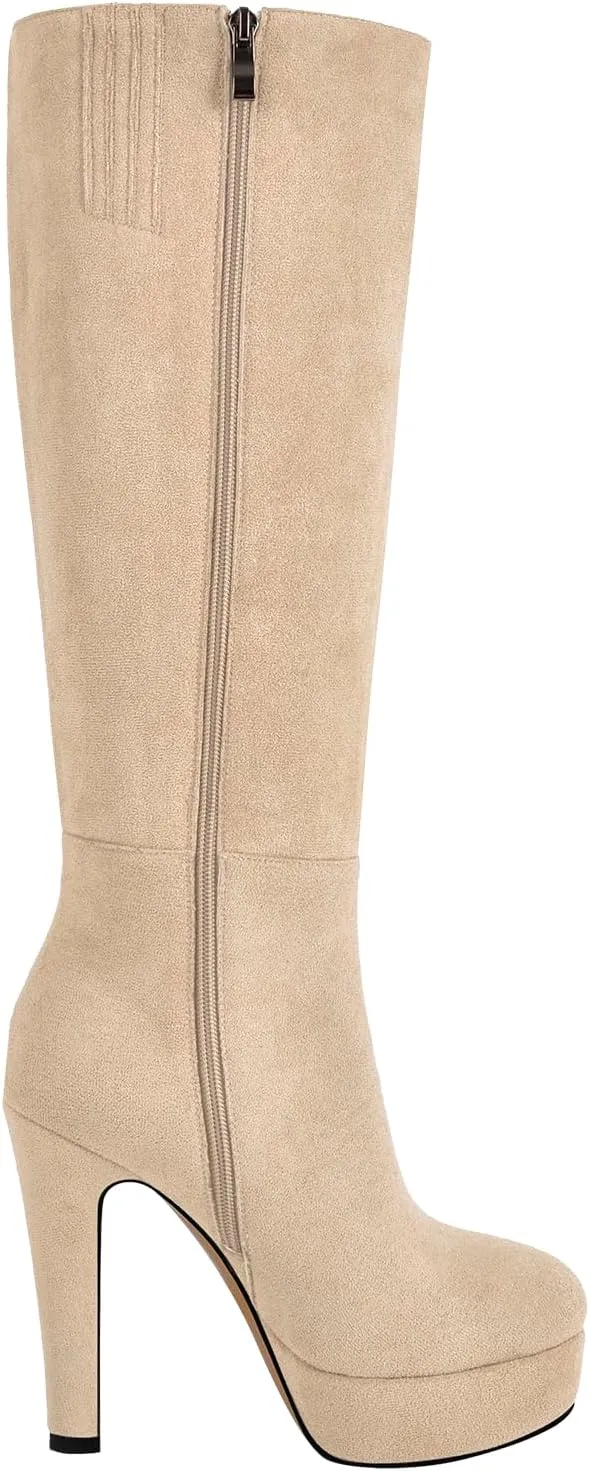 Women's Platform Knee High Boots Solid Color Side Zipper Block High Heels